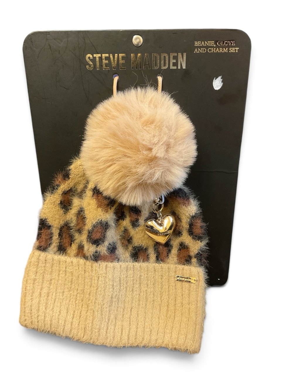 Steve Madden Kids Leopard Print Beanie with Tan Pom and Heart Charm NWT